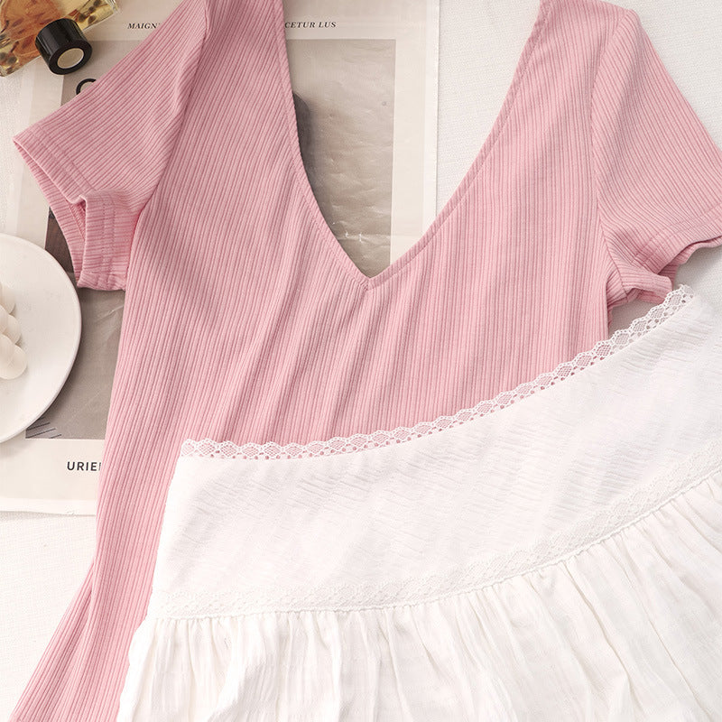 Pink Knit Top & Lace Trim Skirt Set