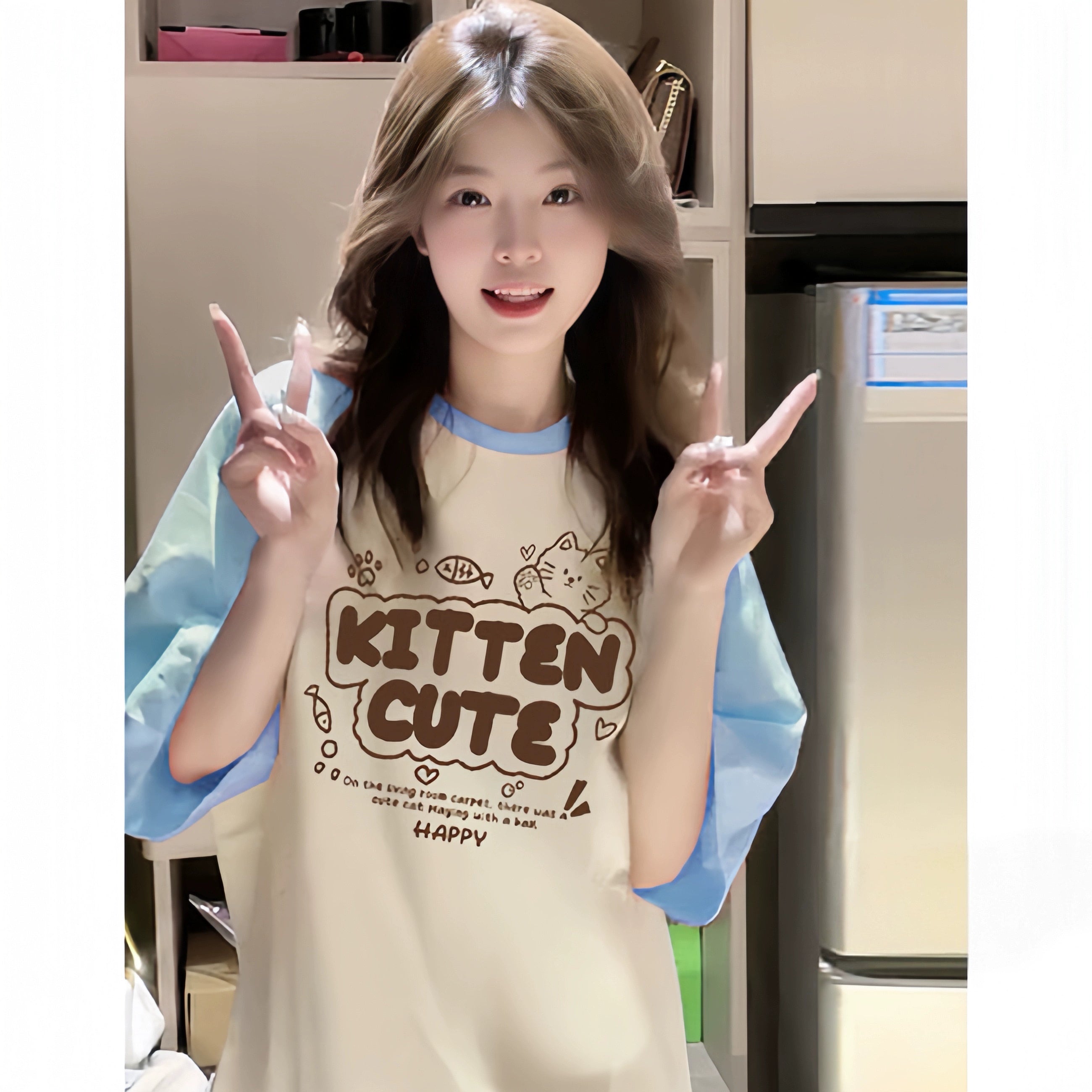 Color-Block Raglan Kitten Cute Cotton Tee