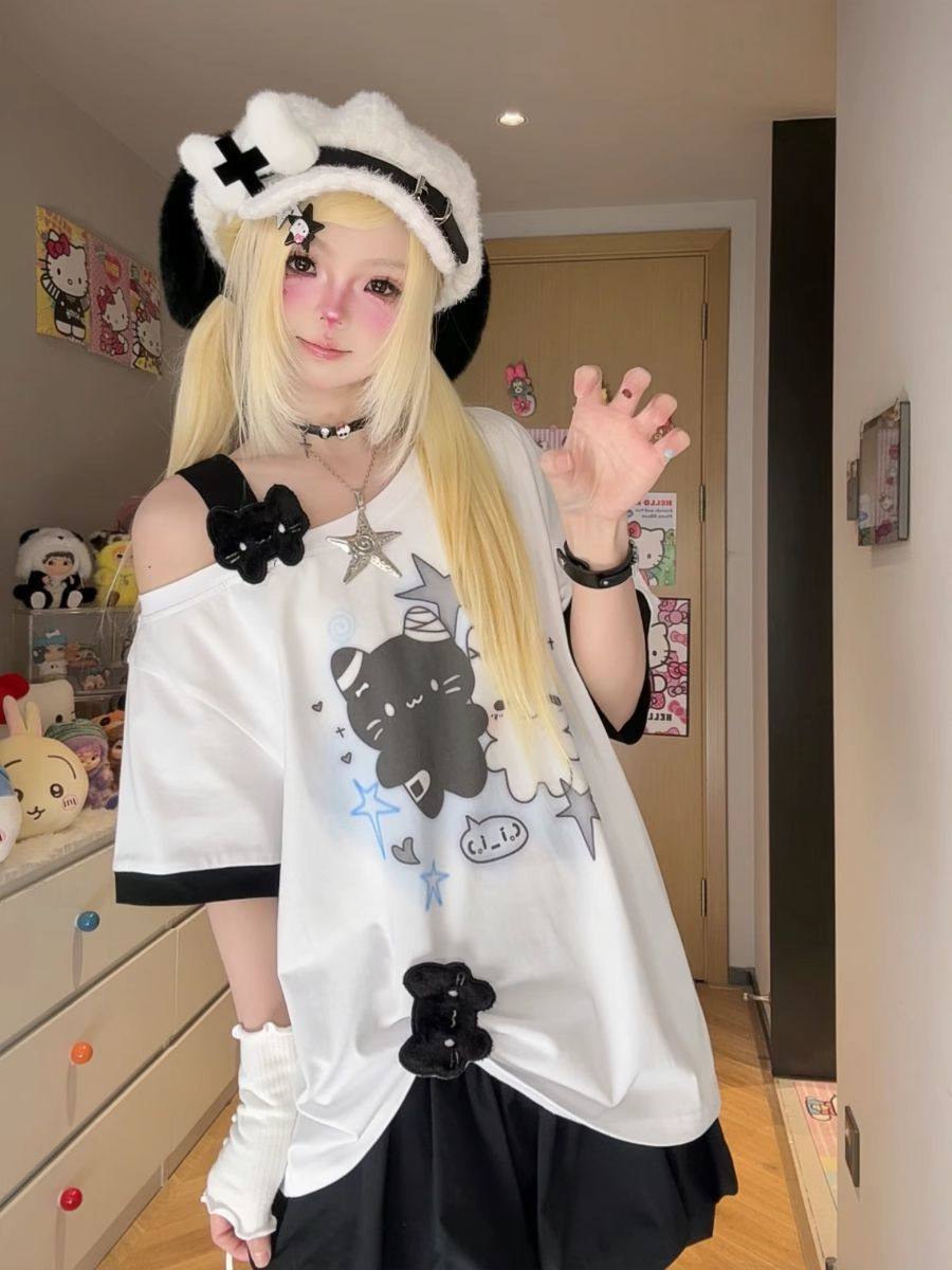 Cute Slanted Shoulder Cotton T-Shirt