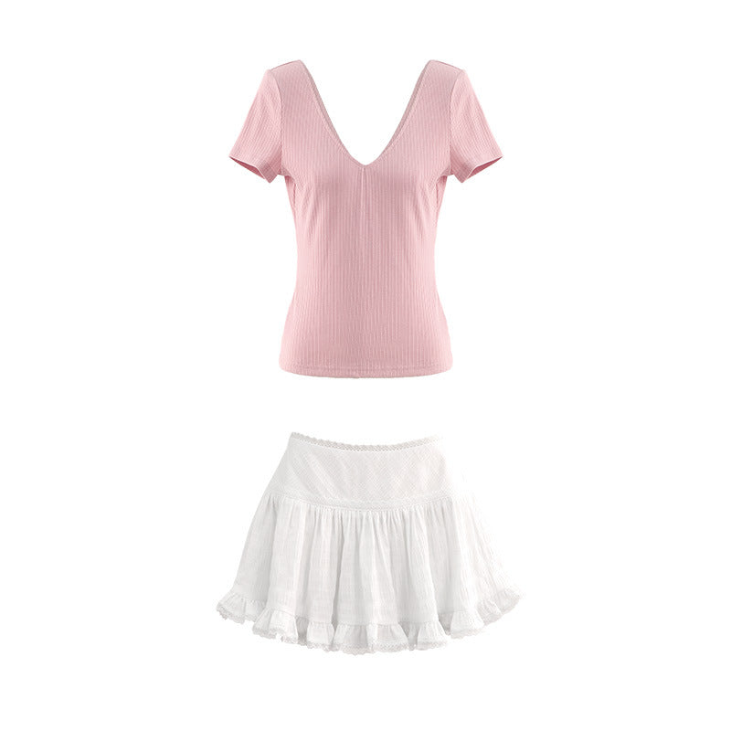 Pink Knit Top & Lace Trim Skirt Set