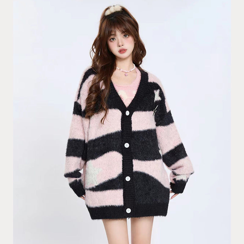Fuzzy Striped Knit Cardigan Sweater