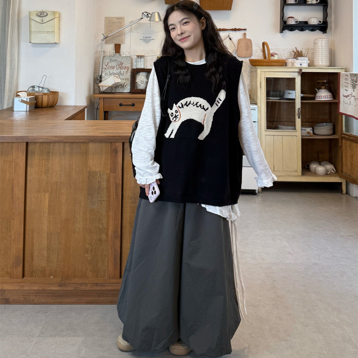 Plus Size Retro Kitten Vest Pants Set - kawaii-inspired outfit in pastel colors - 63733116