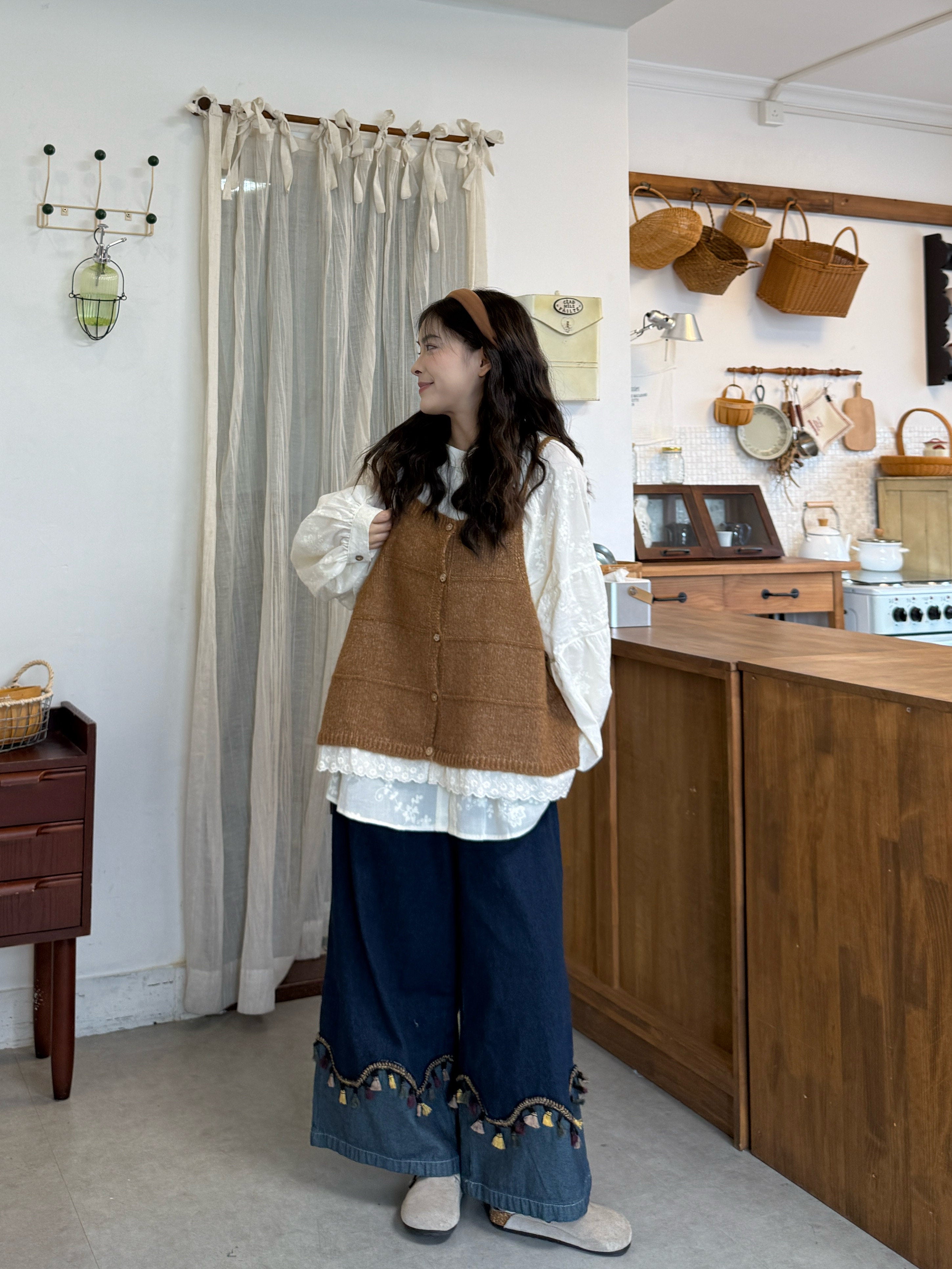 Plus Size Lace Vest Embroidered Shirt & Jeans Set - kawaii-inspired outfit in pastel colors - 23245057