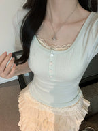 Fake Two-Piece Floral Short-Sleeve T-Shirt - kawaii-inspired outfit in pastel colors - 59802776