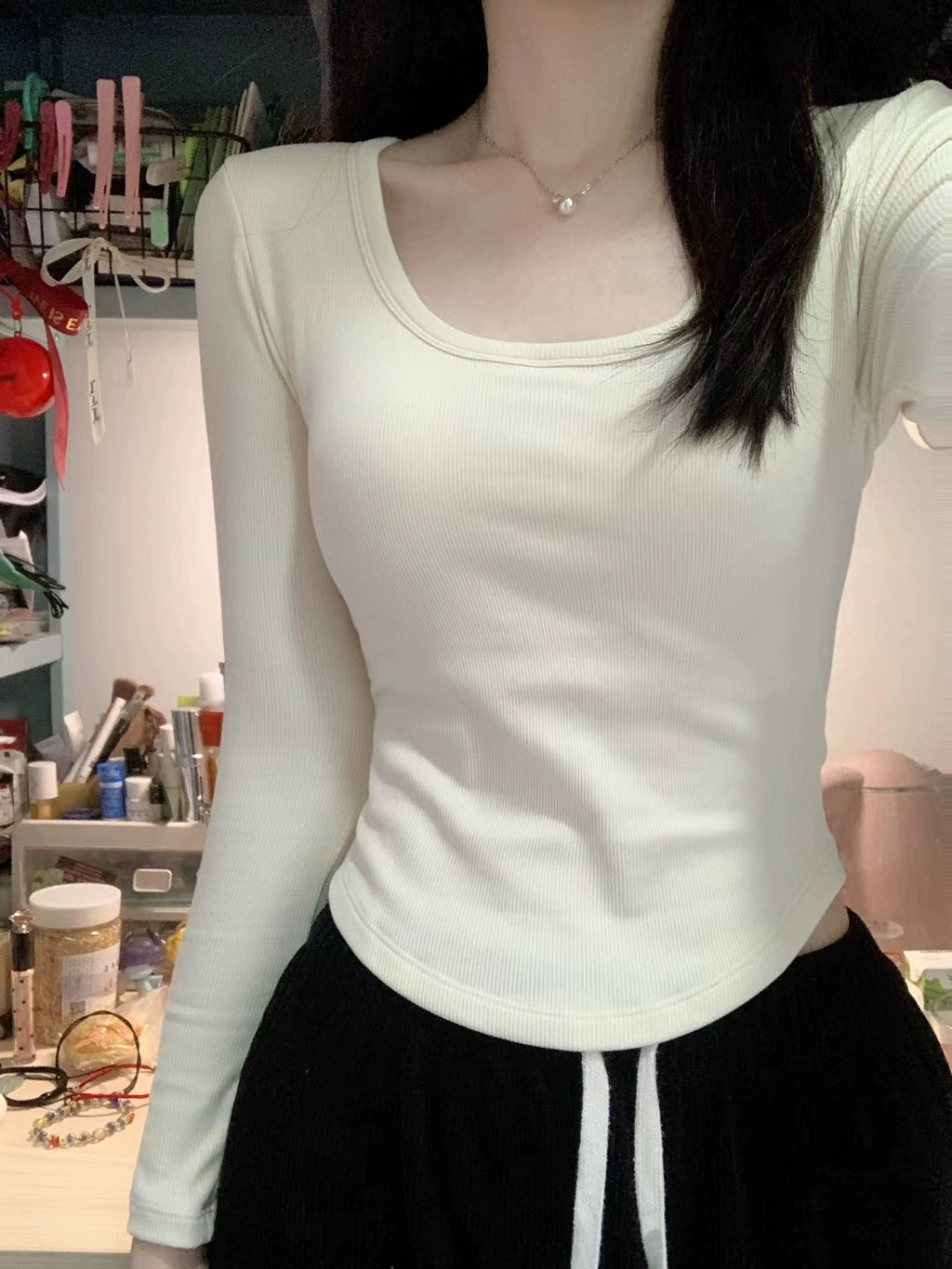 Pure Cotton Square-Neck Long-Sleeve Tee