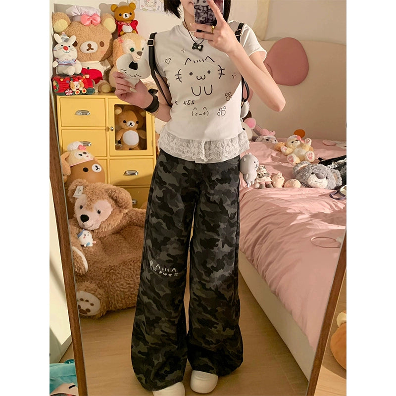 Subculture Cat-Print Lace-Hem Crop Tee