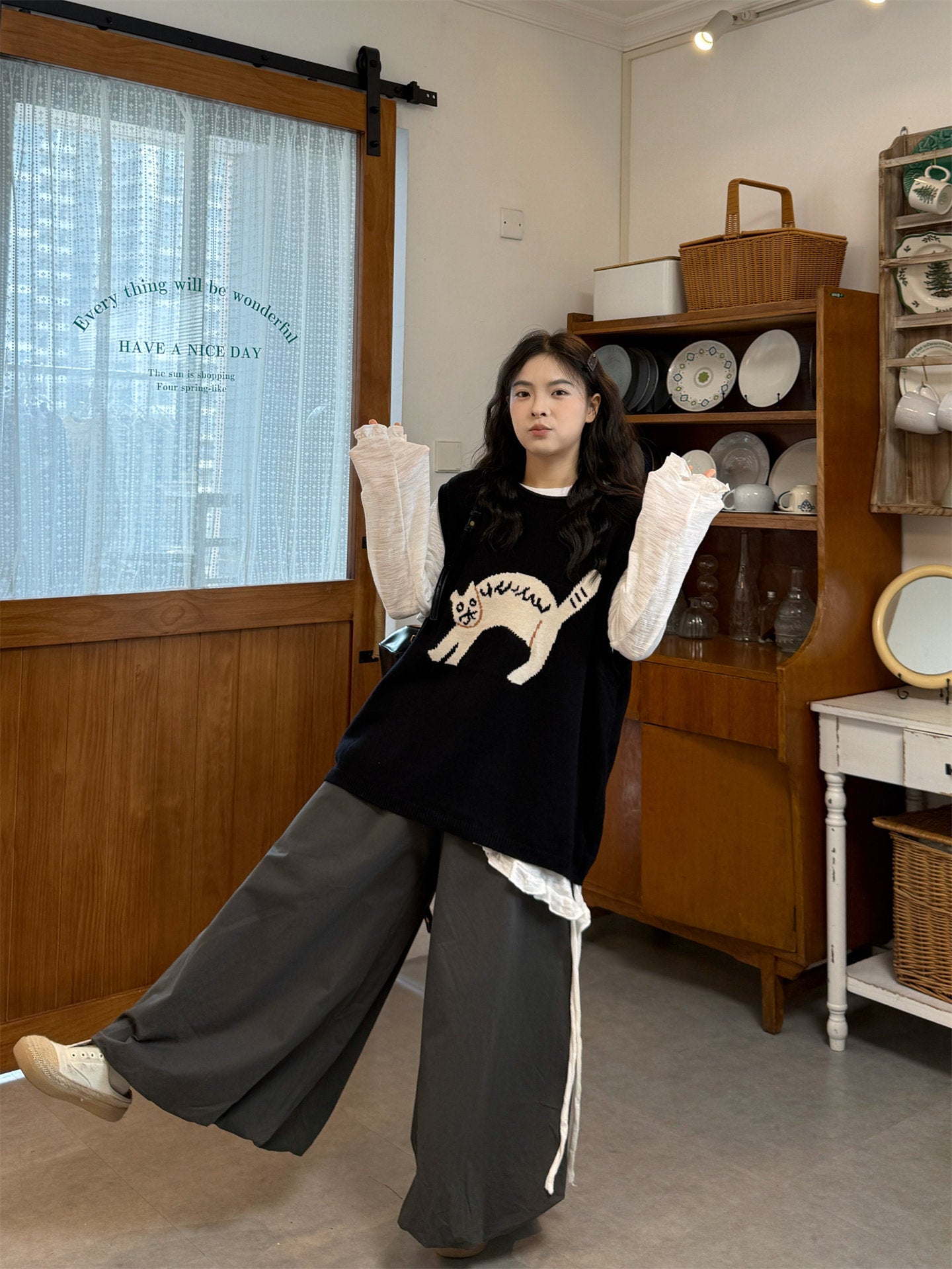 Plus Size Retro Kitten Vest Pants Set - kawaii-inspired outfit in pastel colors - 7569603