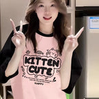 Color-Block Raglan Kitten Cute Cotton Tee - kawaii-inspired outfit in pastel colors - 30463357