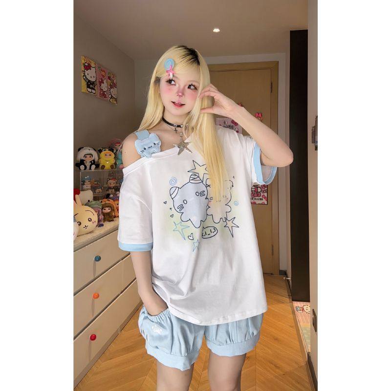 Cute Slanted Shoulder Cotton T-Shirt