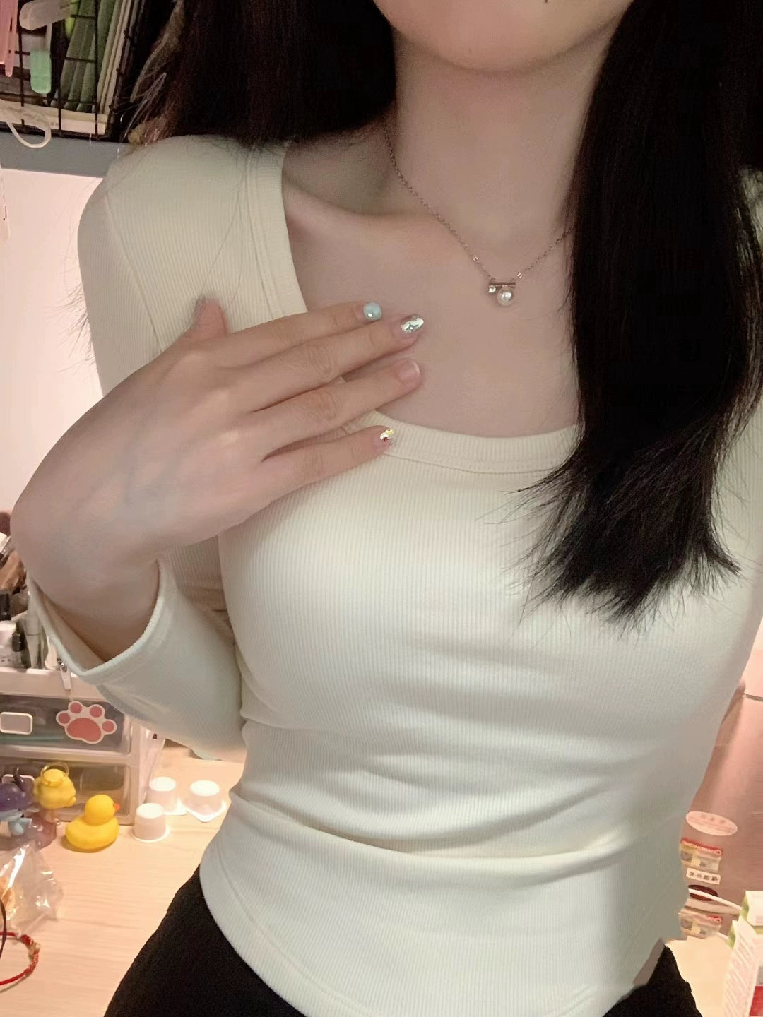 Pure Cotton Square-Neck Long-Sleeve Tee