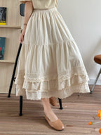 Sweet Retro Lace-Stitched Cotton Midi Skirt