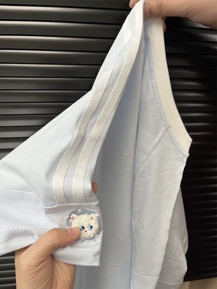 Pink Towel-Embroidered Cat Raglan Tee