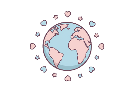 Cartoon-style globe with hearts and stars on a transparent background