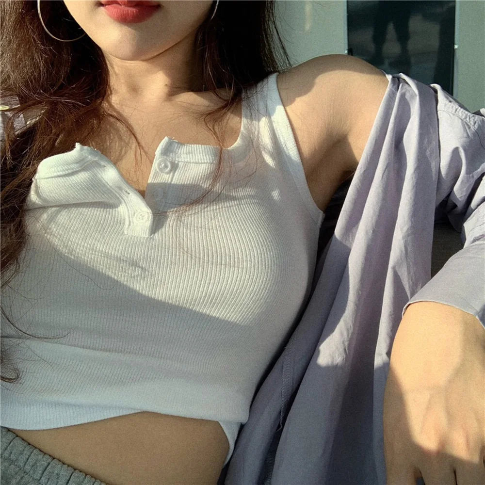 Ribbed Button Front Tank Top