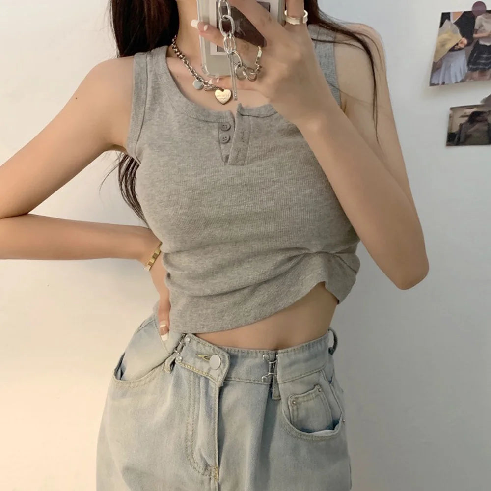 Ribbed Button Front Tank Top