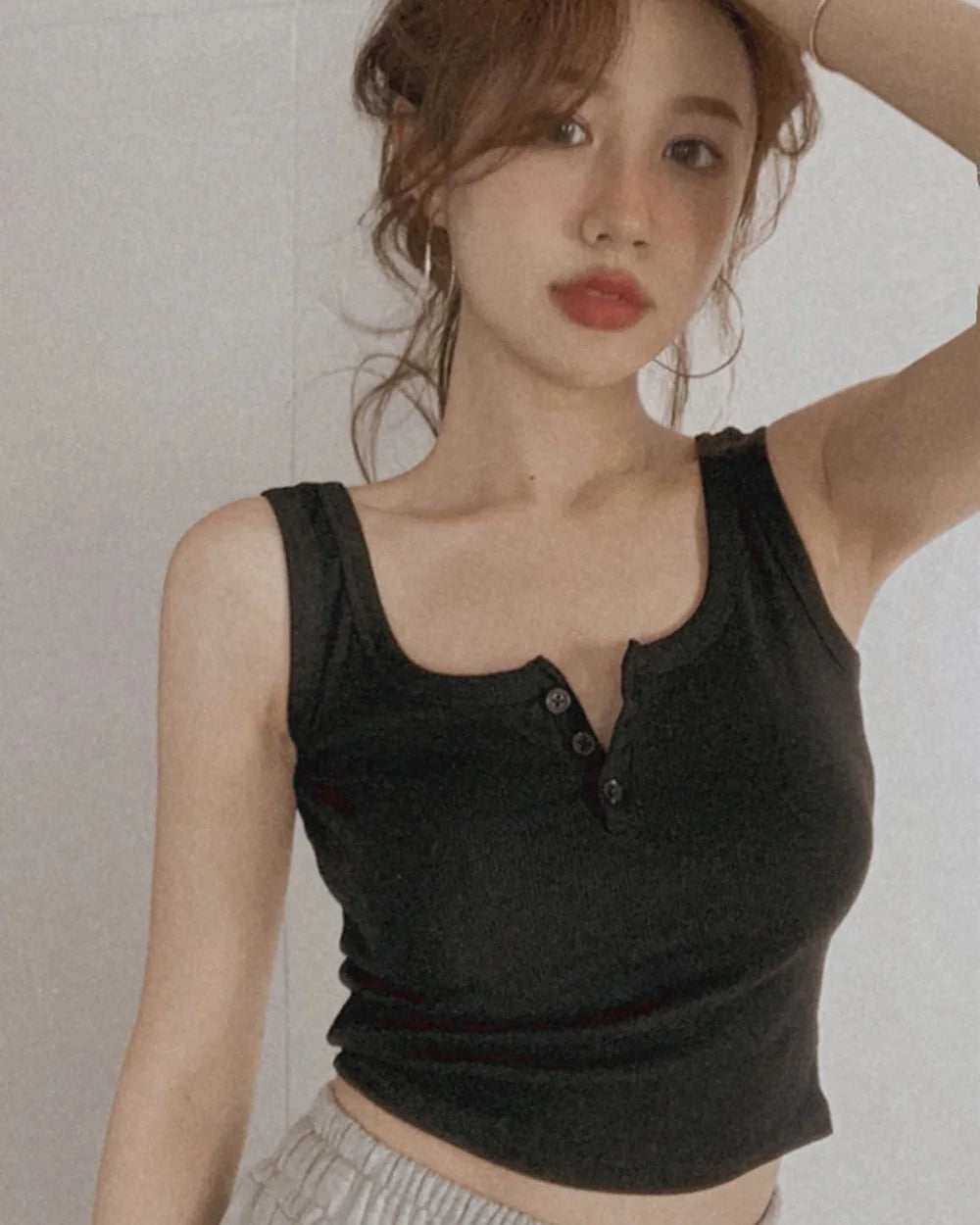 Ribbed Button Front Tank Top