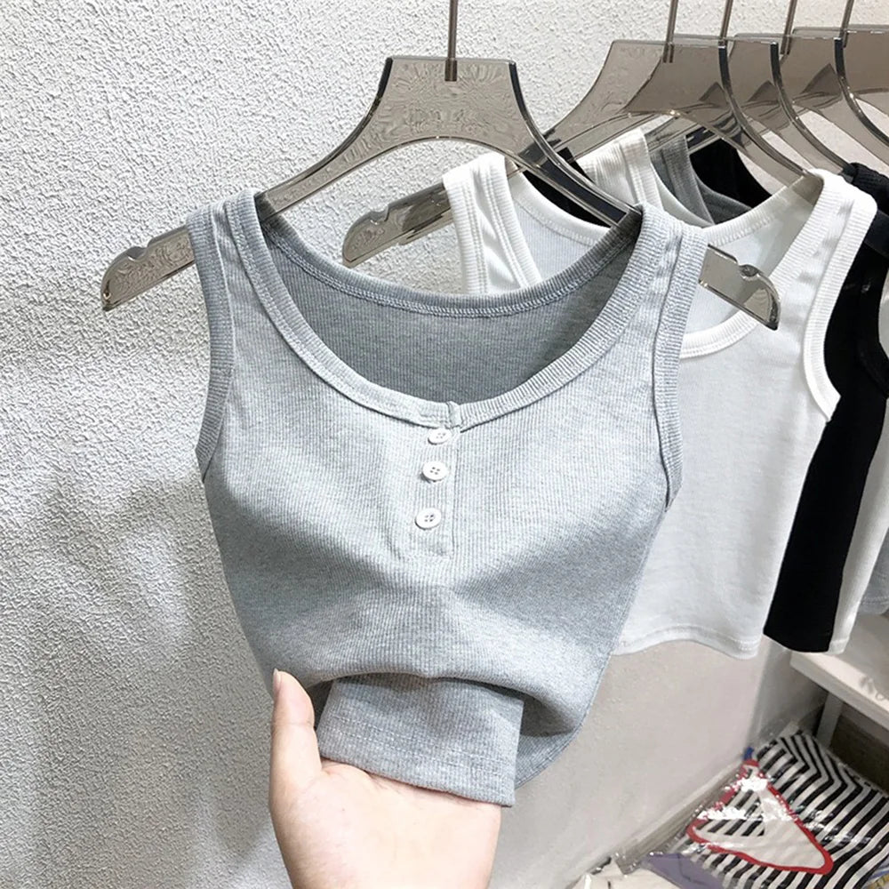 Ribbed Button Front Tank Top