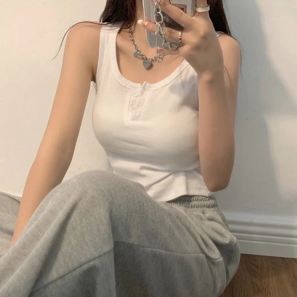 Ribbed Button Front Tank Top
