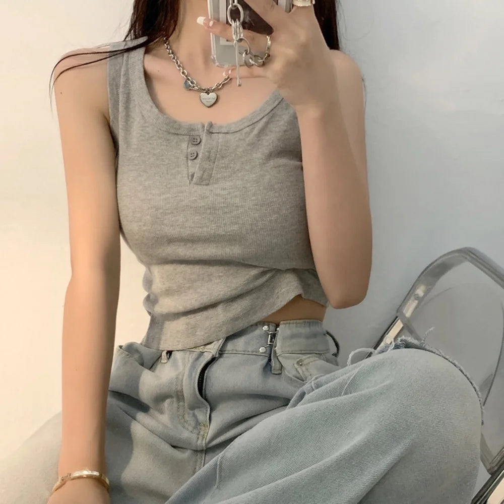 Ribbed Button Front Tank Top