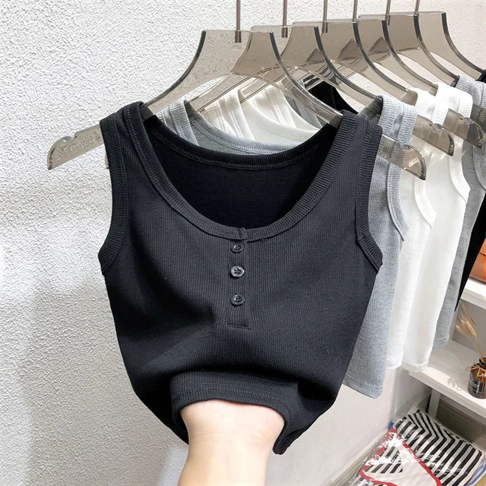 Ribbed Button Front Tank Top
