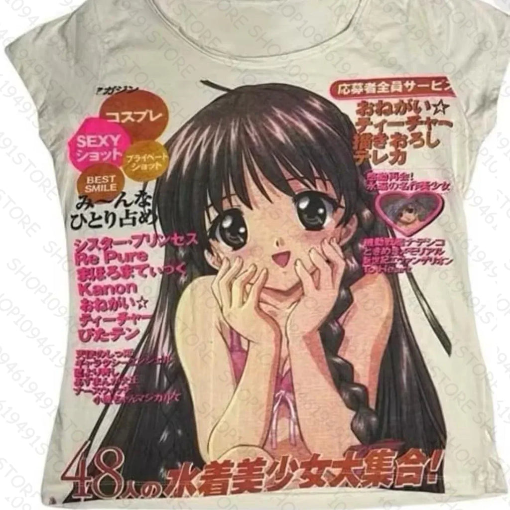 Kawaii Anime Girl Y2K Style Women’s Sling Crop Tops Punk Letterprints Casual Cute Tops Harajuku Vintage Gothic