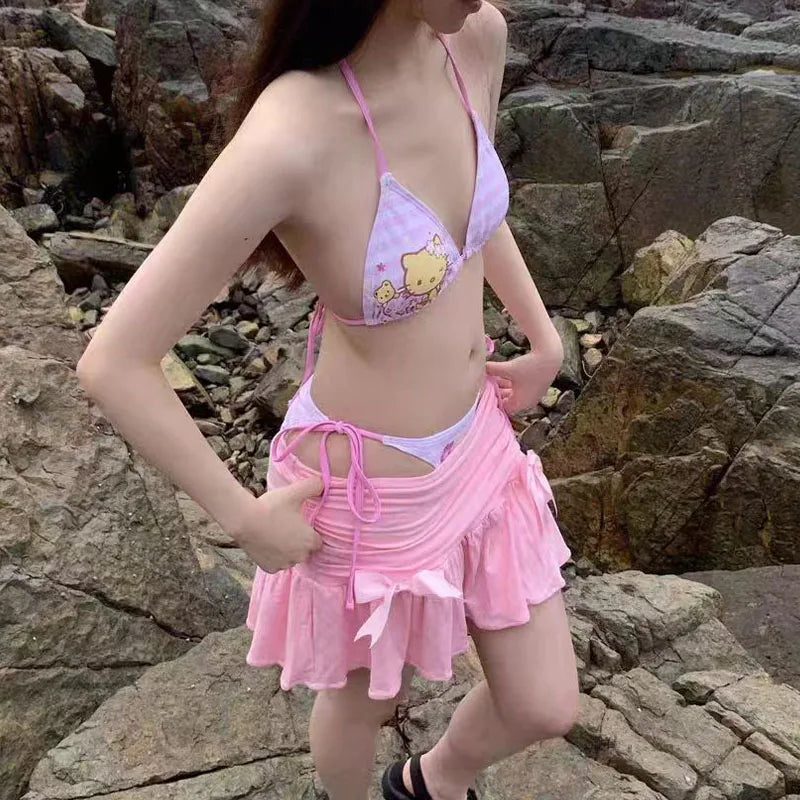 Japanese Hello Kittys Girls Split Strap Swimsuit Summer Women Bikini Cute Sweet Girls Seaside Fashion Bathing Suit Y2K