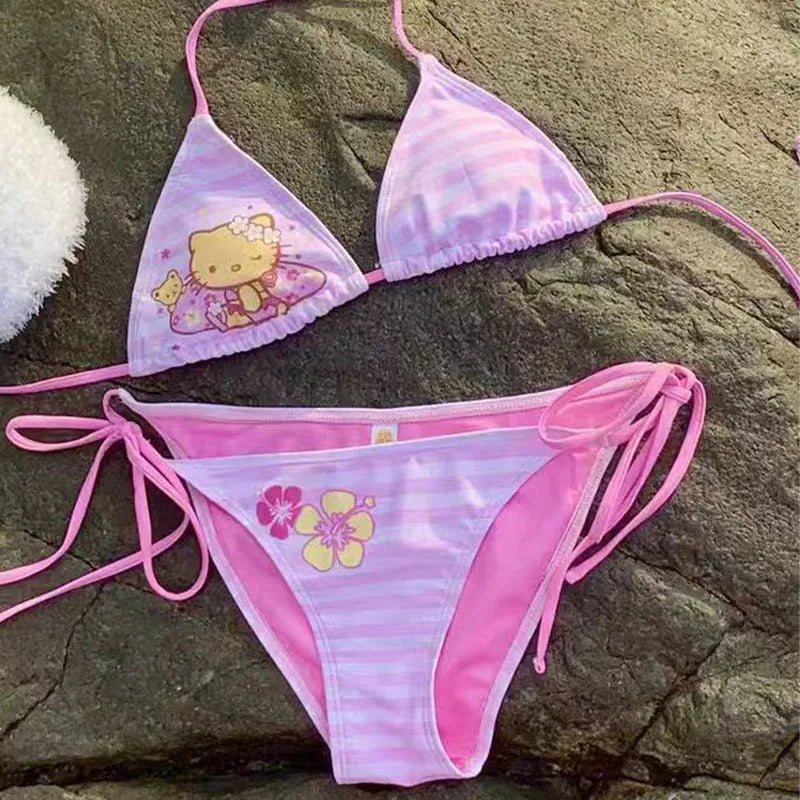Japanese Hello Kittys Girls Split Strap Swimsuit Summer Women Bikini Cute Sweet Girls Seaside Fashion Bathing Suit Y2K
