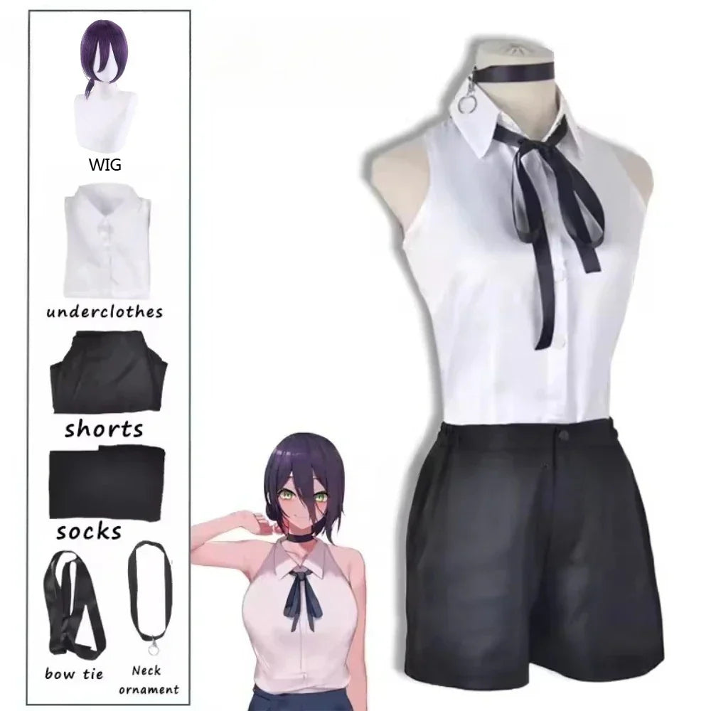 Anime Chainsaw Reze Cosplay Costume Outfits Shirt Tie Short Wig Neck Ring Women Anime Uniform Halloween Party