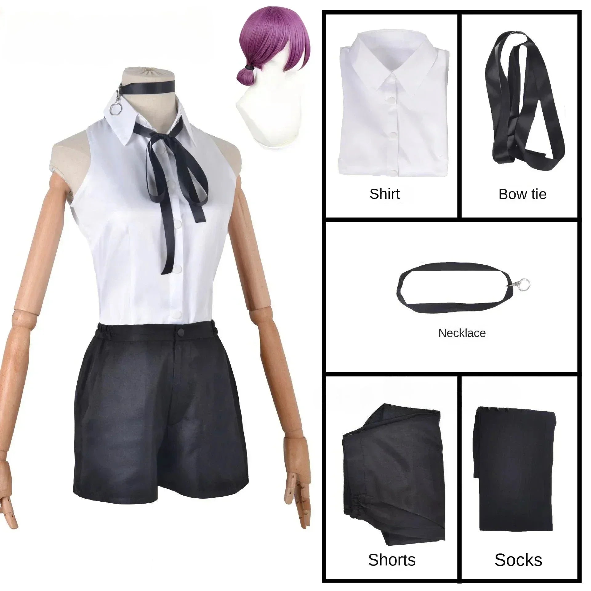 Anime Chainsaw Reze Cosplay Costume Outfits Shirt Tie Short Wig Neck Ring Women Anime Uniform Halloween Party