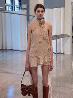 Hot Girl Show Same Style Blum@Rine Summer New Sleeveless Dress Asymmetrical Lotus Leaf Halter Ribbon