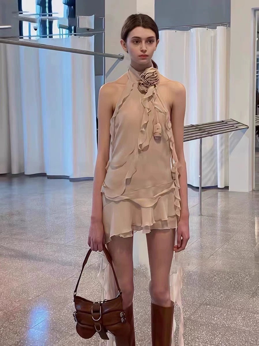 Hot Girl Show Same Style Blum@Rine Summer New Sleeveless Dress Asymmetrical Lotus Leaf Halter Ribbon