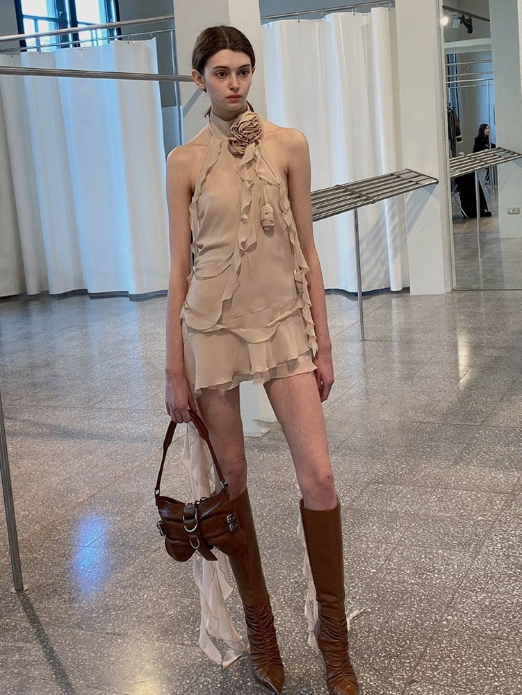 Hot Girl Show Same Style Blum@Rine Summer New Sleeveless Dress Asymmetrical Lotus Leaf Halter Ribbon