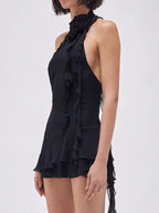 Hot Girl Show Same Style Blum@Rine Summer New Sleeveless Dress Asymmetrical Lotus Leaf Halter Ribbon