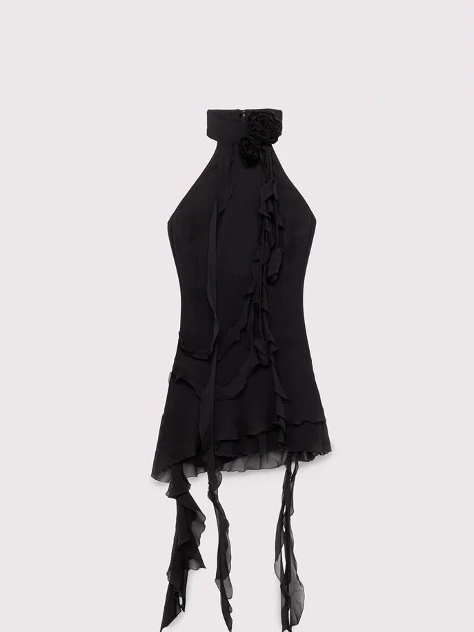 Hot Girl Show Same Style Blum@Rine Summer New Sleeveless Dress Asymmetrical Lotus Leaf Halter Ribbon
