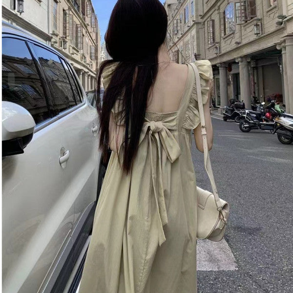 French-Style Backless Flutter Sleeve Bow Tie Dress New Summer Age-Reducing Slimming A-Line Dress