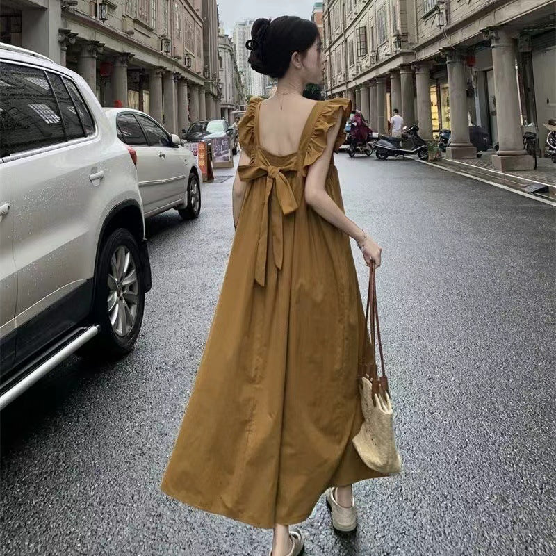 French-Style Backless Flutter Sleeve Bow Tie Dress New Summer Age-Reducing Slimming A-Line Dress