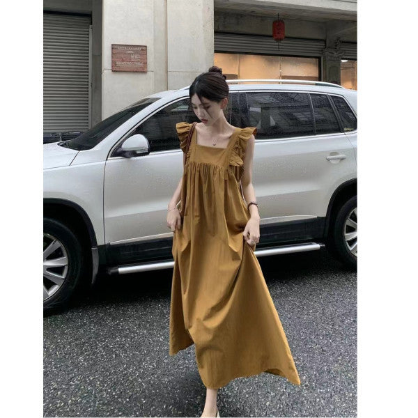 French-Style Backless Flutter Sleeve Bow Tie Dress New Summer Age-Reducing Slimming A-Line Dress - Brown / S