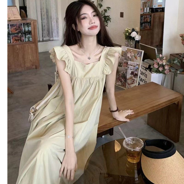 French-Style Backless Flutter Sleeve Bow Tie Dress New Summer Age-Reducing Slimming A-Line Dress - Khaki / S