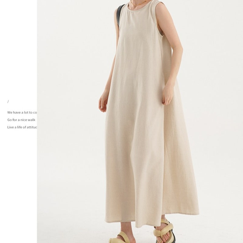 Korean Chic2026 Summer French Design Loose Backless Sleeveless Vest Dress Casual Age-Reducing Long Dress