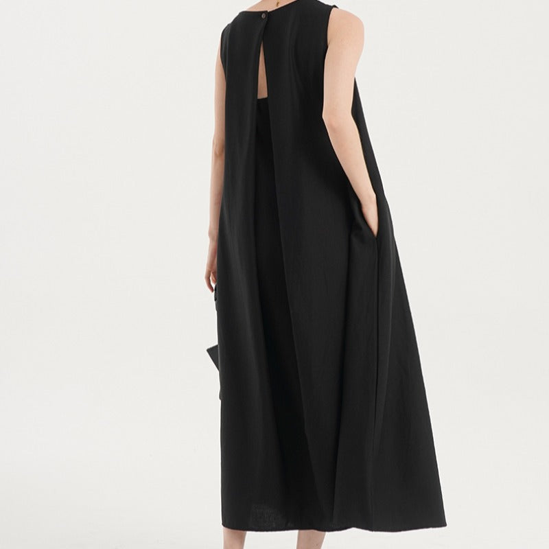 Korean Chic2026 Summer French Design Loose Backless Sleeveless Vest Dress Casual Age-Reducing Long Dress - Black / S