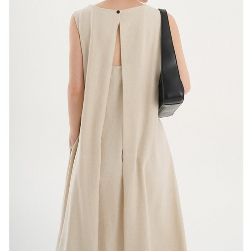 Korean Chic2026 Summer French Design Loose Backless Sleeveless Vest Dress Casual Age-Reducing Long Dress - Khaki / S