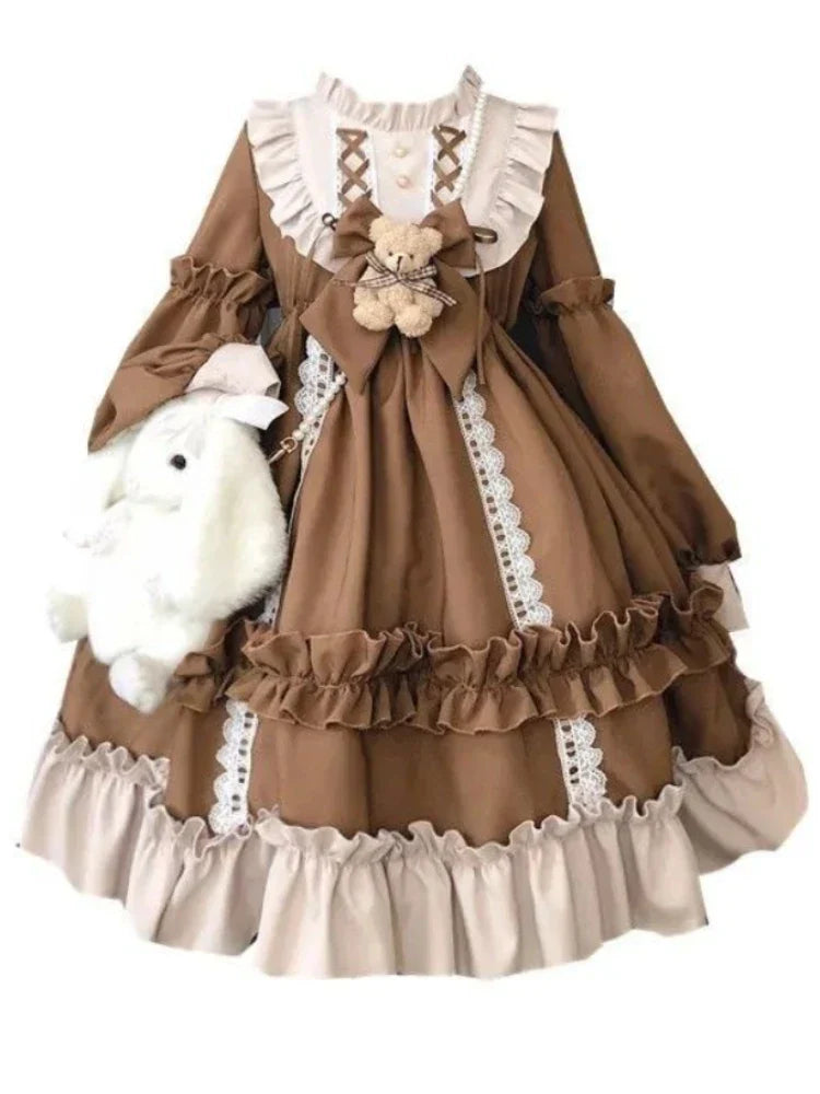 2024 New Kawaii Sleeve Bear Bow Japanese Korean Long Sleeve Dress Casual Full Set Loose Lolita Dresses Fashion Long