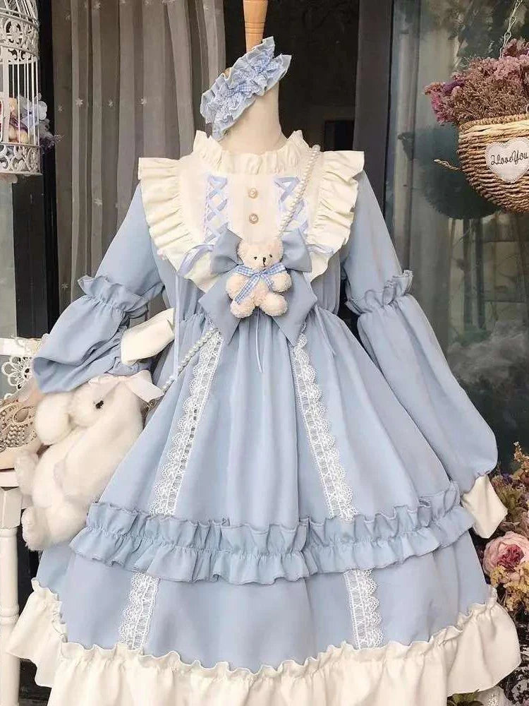 2024 New Kawaii Sleeve Bear Bow Japanese Korean Long Sleeve Dress Casual Full Set Loose Lolita Dresses Fashion Long