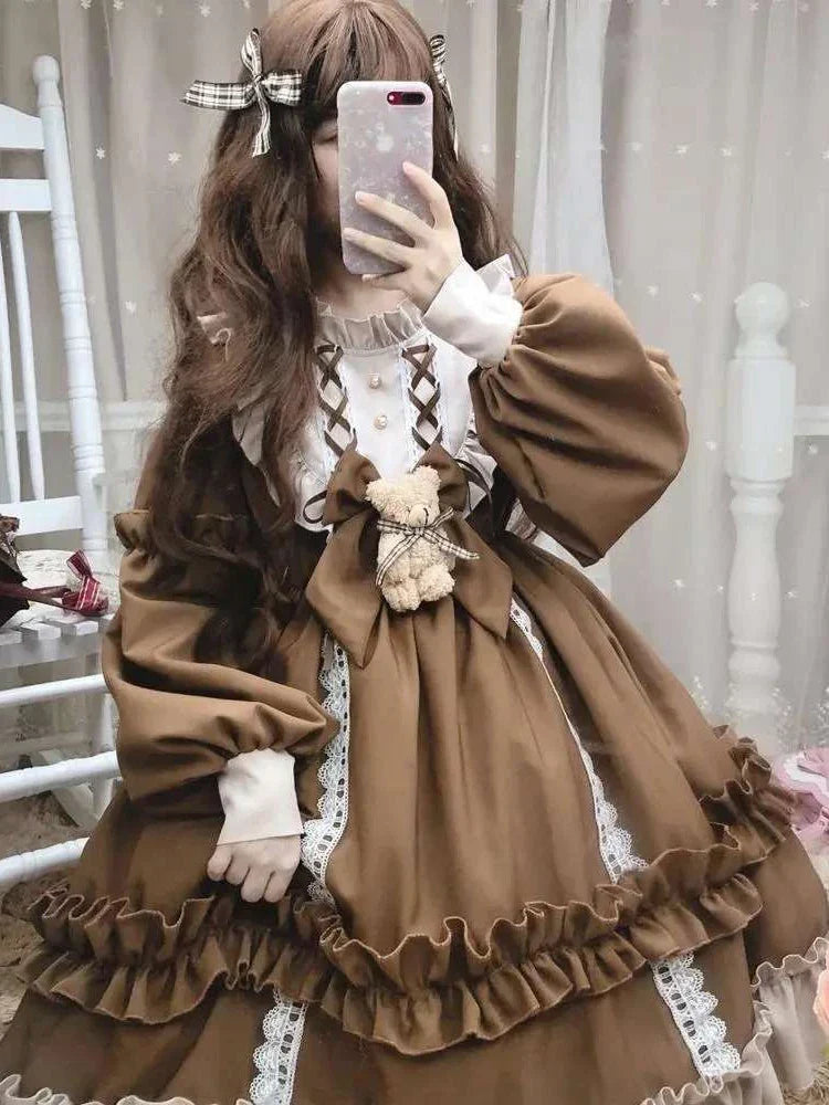 2024 New Kawaii Sleeve Bear Bow Japanese Korean Long Sleeve Dress Casual Full Set Loose Lolita Dresses Fashion Long