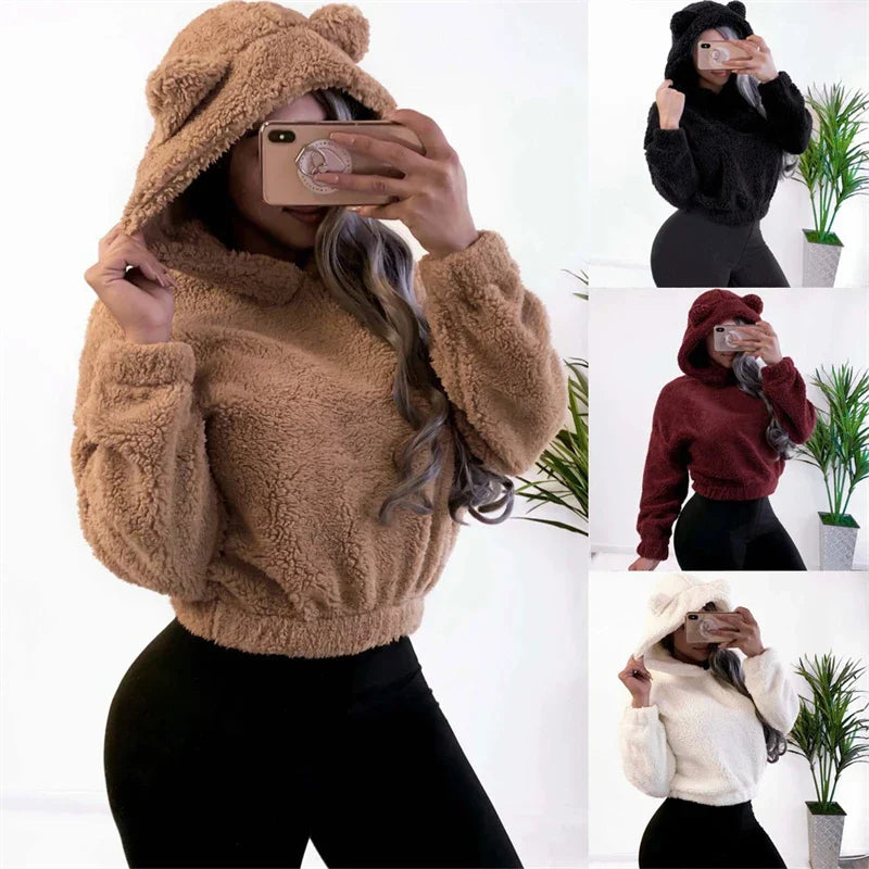 Winter Korean Fashion Bear Ears Cute Loose Hoodie Fluffy Hooded Warm Sweatshirt Long Sleeve Top Solid Pullover Clothes