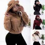Winter Korean Fashion Bear Ears Cute Loose Hoodie Fluffy Hooded Warm Sweatshirt Long Sleeve Top Solid Pullover Clothes