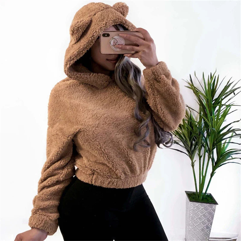 Winter Korean Fashion Bear Ears Cute Loose Hoodie Fluffy Hooded Warm Sweatshirt Long Sleeve Top Solid Pullover Clothes