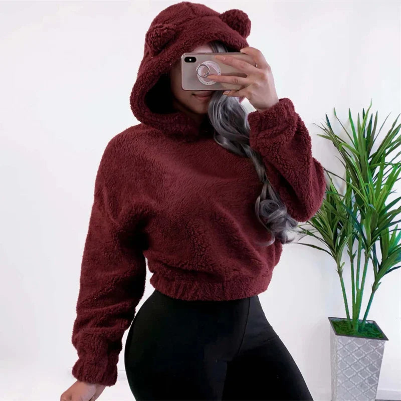 Winter Korean Fashion Bear Ears Cute Loose Hoodie Fluffy Hooded Warm Sweatshirt Long Sleeve Top Solid Pullover Clothes