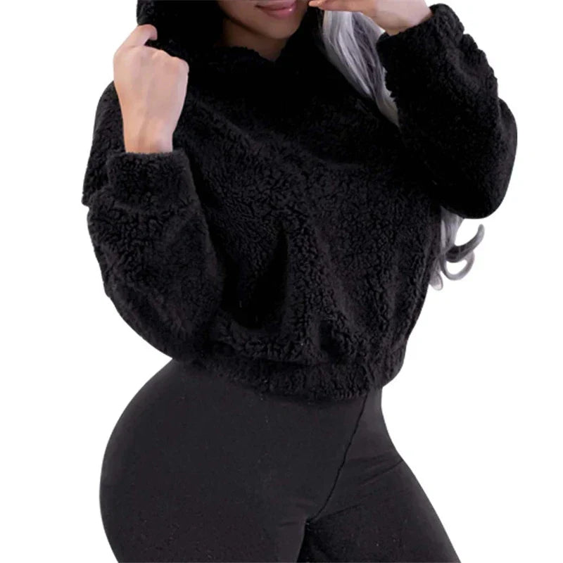 Winter Korean Fashion Bear Ears Cute Loose Hoodie Fluffy Hooded Warm Sweatshirt Long Sleeve Top Solid Pullover Clothes