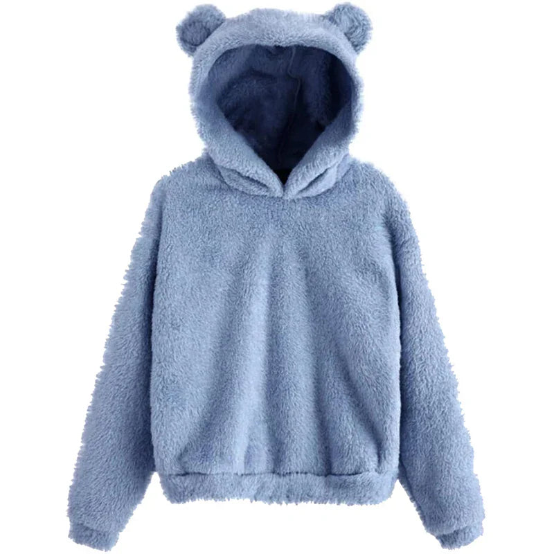 Winter Korean Fashion Bear Ears Cute Loose Hoodie Fluffy Hooded Warm Sweatshirt Long Sleeve Top Solid Pullover Clothes